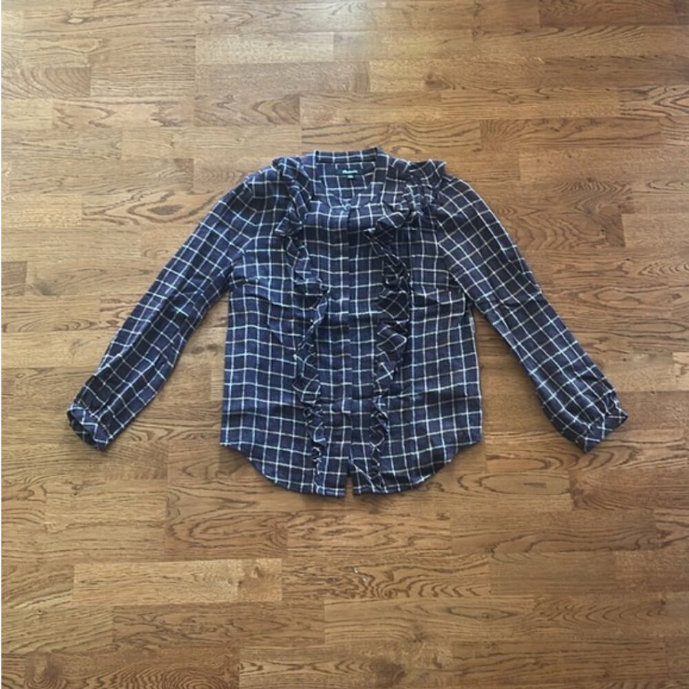 Madewell Women's shirt button down ruffle front purple gold xs Plaid blouse Top